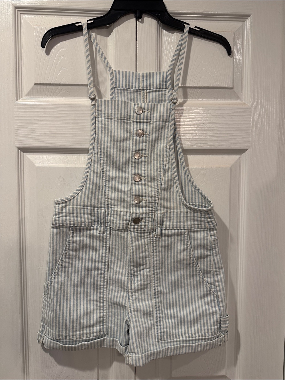 Celebrity Pink Light Blue and White Striped Denim Overall Shorts XS
